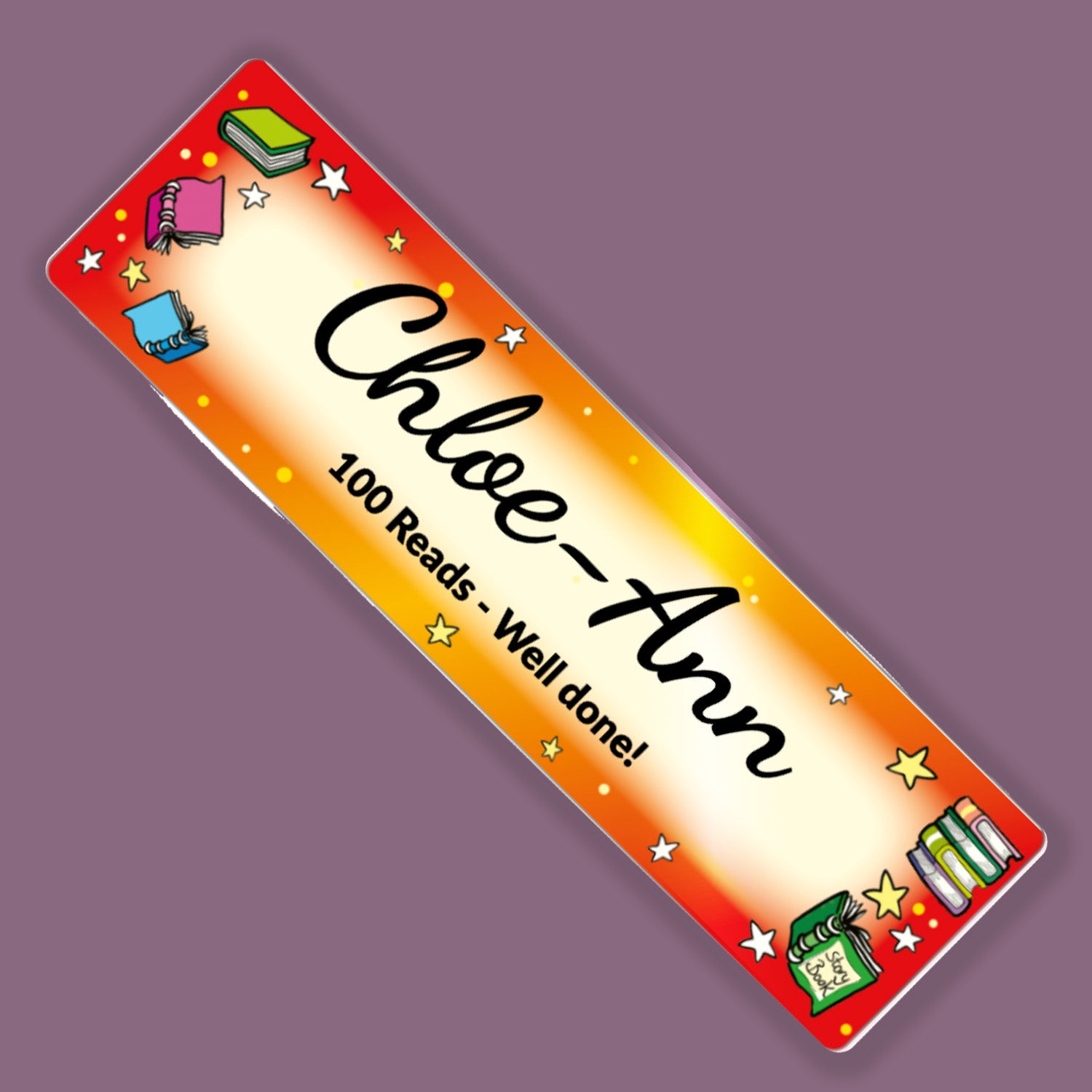 Personalised “Chloe-Ann” acrylic reading bookmark with “100 Reads – Well done!” message and colourful book and star illustrations.