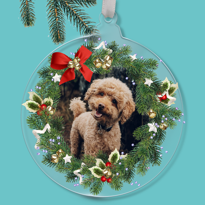 Personalised Christmas ornament with a  photo of a dog within a wreath outline 