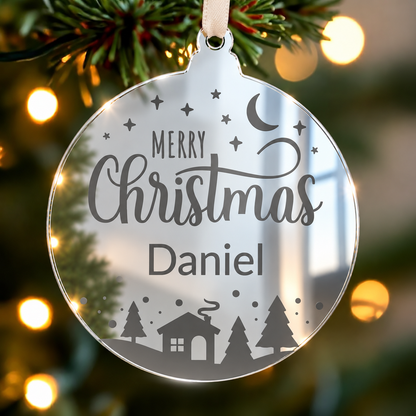 Personalised mirrored Merry Christmas bauble with name and snowy village design