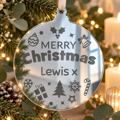 Personalised mirrored Christmas bauble with name and festive icons