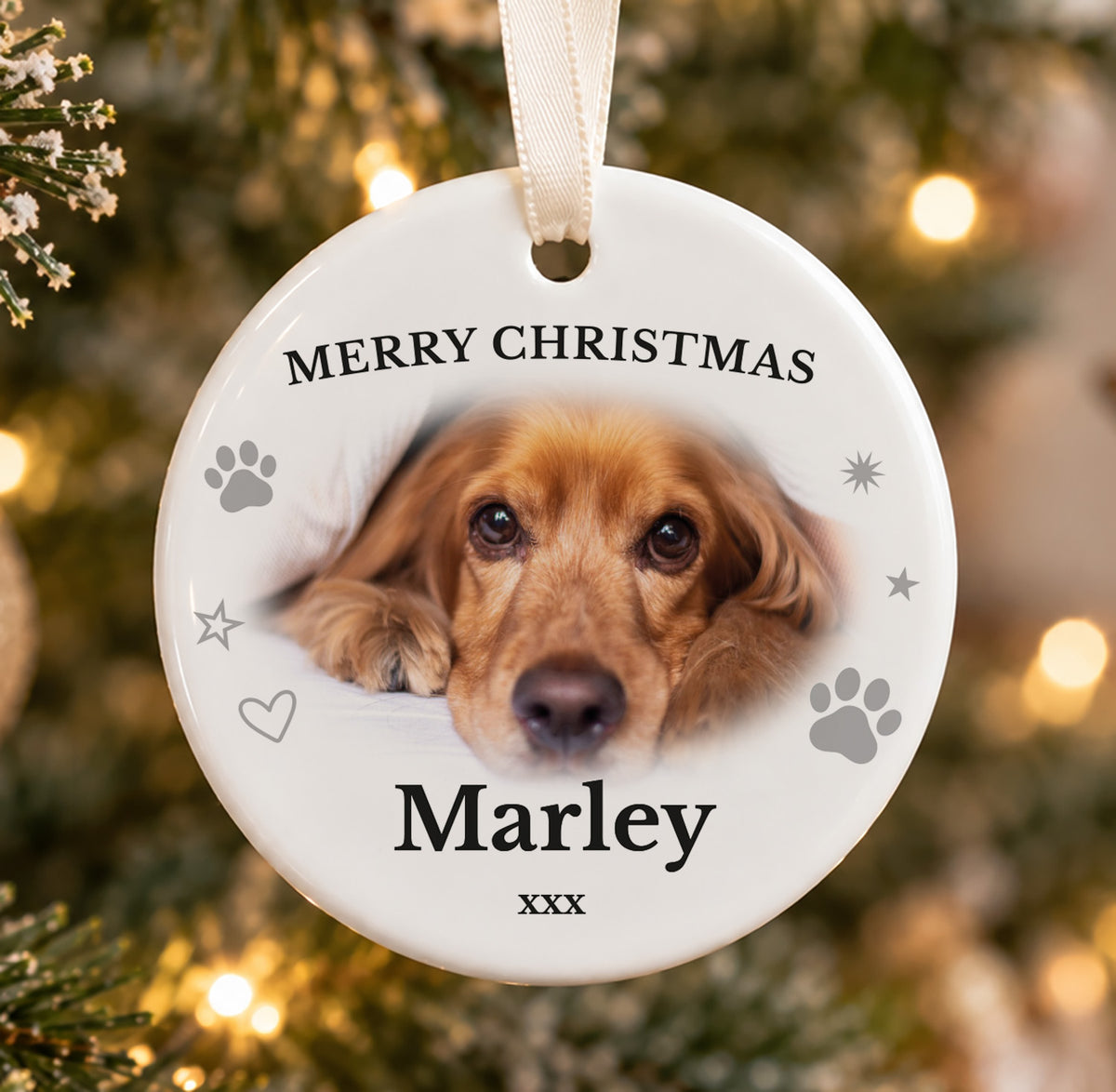 Personalised circular ceramic Christmas bauble with photo upload and custom message