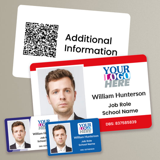 Customisable ID card measuring 86mm by 54mm, featuring three ID cards with an image of a man and contact details. Also 'Your Logo Here' text.  You also see the reverse of the card with Additional Information.