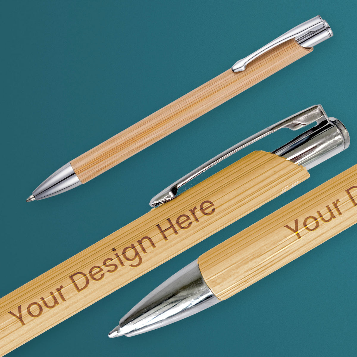 Personalised bamboo ballpoint pen displayed from several angles, showing its natural wood grain and polished silver details.