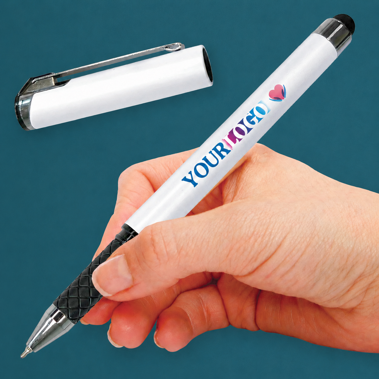 White personalised rollerball pen held in a writing position, with its matching metal-clipped cap displayed above.