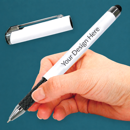 White personalised rollerball pen held in a writing position, with its matching metal-clipped cap displayed above.
