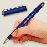 Blue personalised rollerball pen held in a writing position, with its matching metal-clipped cap displayed above.