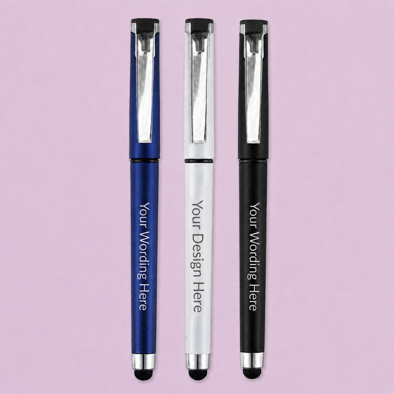 Three capped personalised rollerball pens in blue, white and black, displayed upright with metal clips and soft stylus ends.