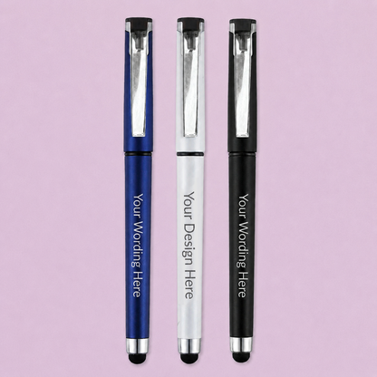 Three capped personalised rollerball pens in blue, white and black, displayed upright with metal clips and soft stylus ends.