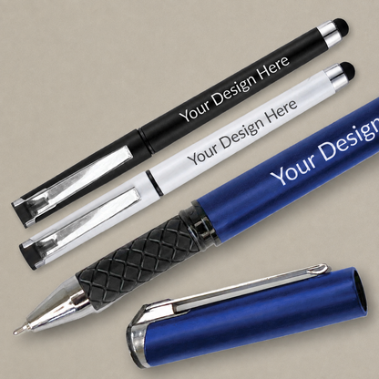 Personalised rollerball pens in black, white and blue, showing the metal clips, soft stylus ends, textured grips and removable caps.