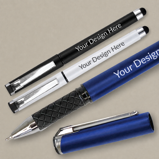 Personalised rollerball pens in black, white and blue, showing the metal clips, soft stylus ends, textured grips and removable caps.