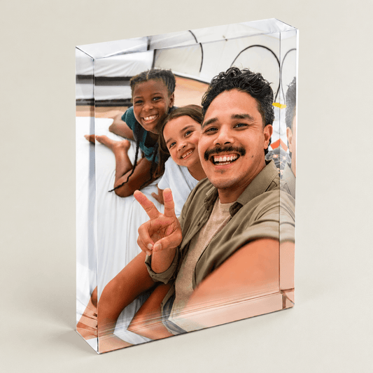 Personalised 5" x 7" portrait acrylic photo block with uploaded photograph, transparent edges and freestanding design