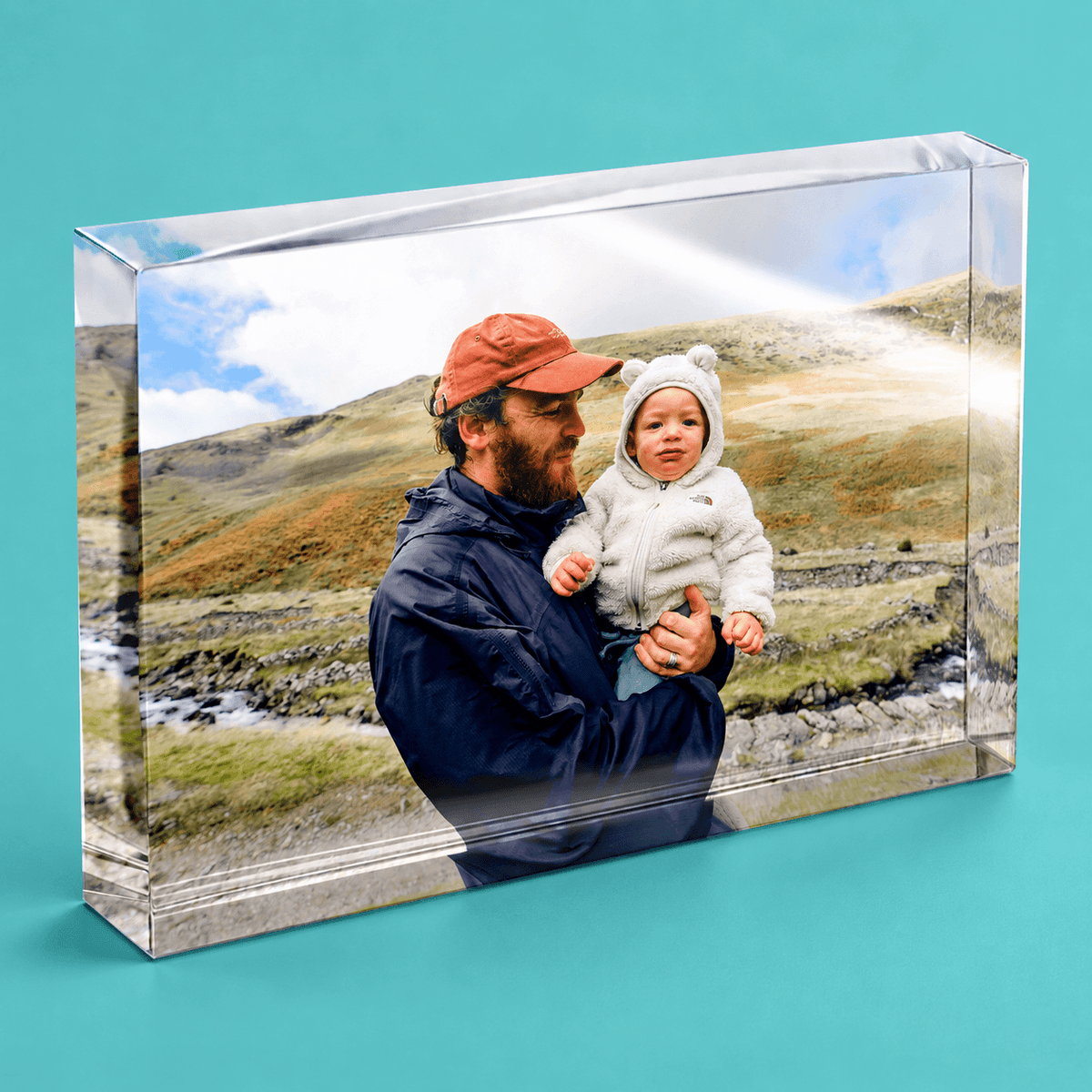 Personalised 7" x 5" landscape acrylic photo block with uploaded photograph, transparent edges and freestanding design