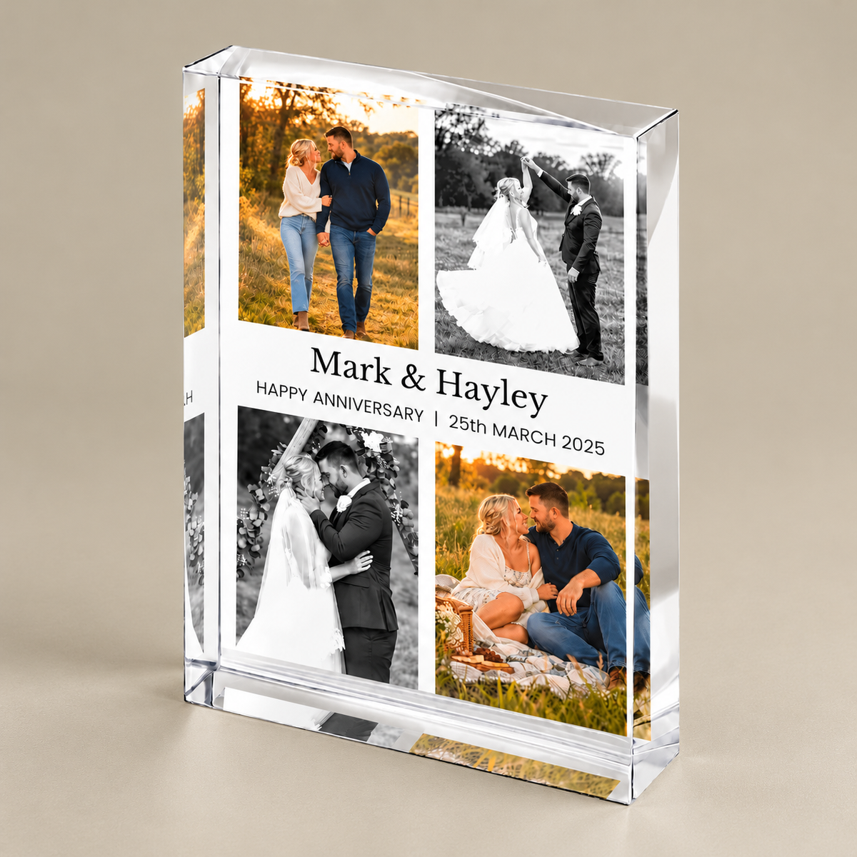 An acrylic photo block showing four photos and personalised wording.
