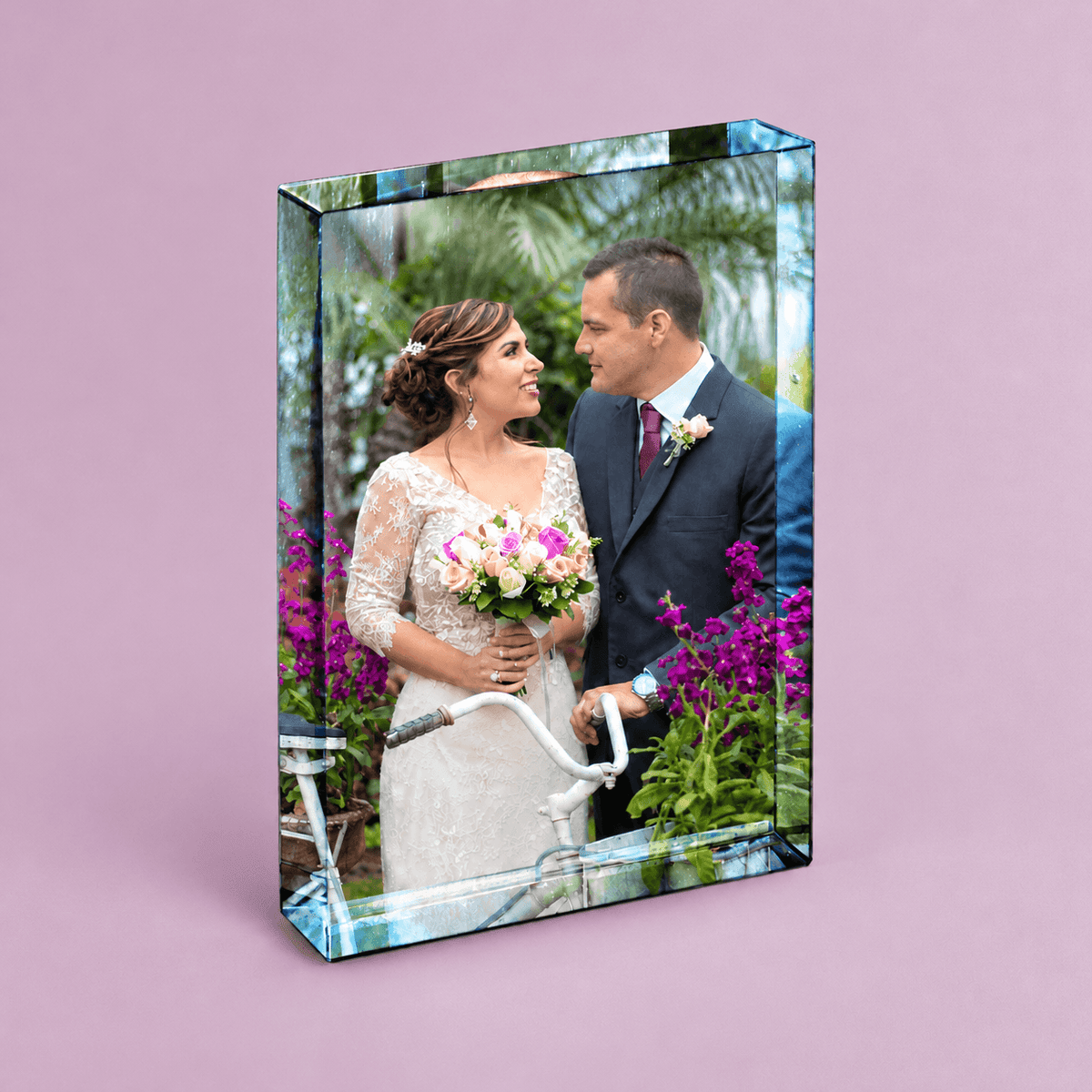 Personalised 6x4 portrait acrylic photo block with custom photograph, transparent edges and freestanding design