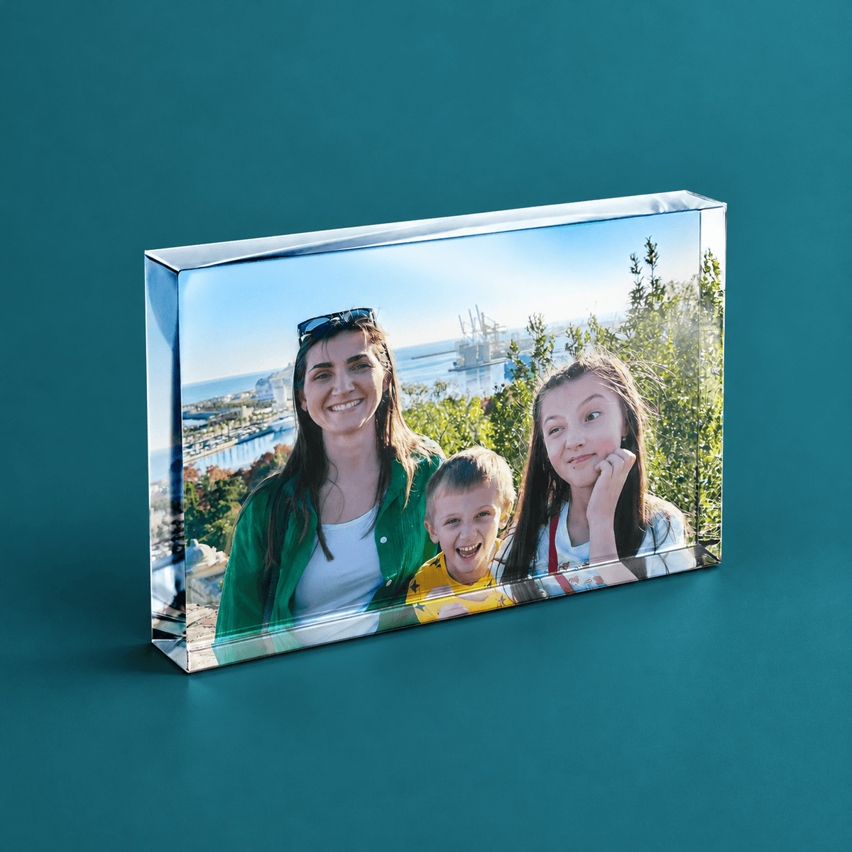 Personalised 6x4 landscape acrylic photo block with custom photograph, clear edges and freestanding design