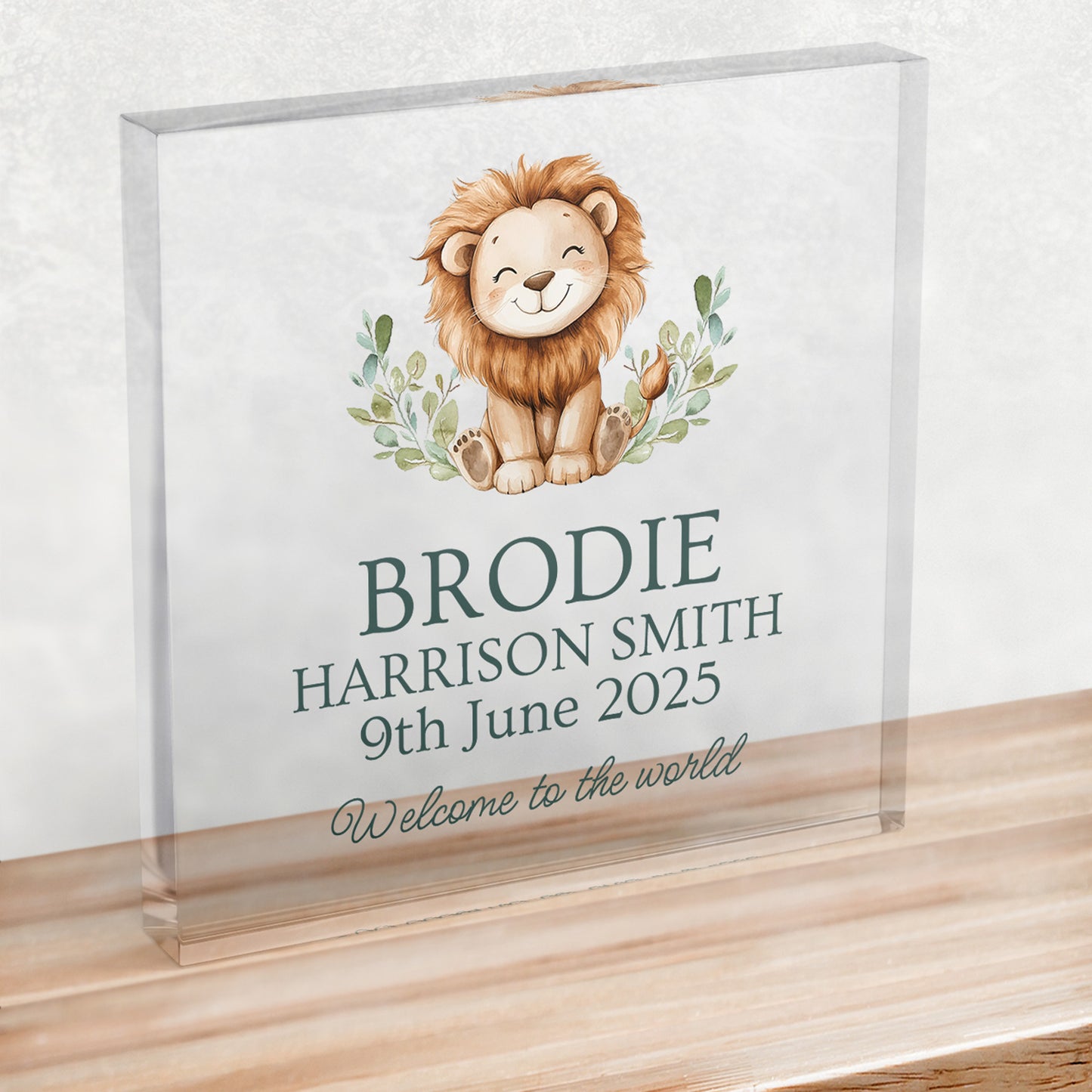 A clear plastic square block on a wooden shelf, showing an illustrated rabbit at the top, wording below reads, “BRODIE HARRISON SMITH, 9th June 2025, Welcome to the world”