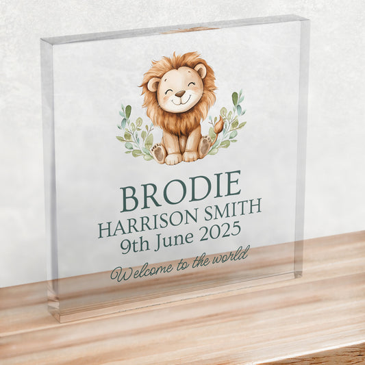A clear plastic square block on a wooden shelf, showing an illustrated rabbit at the top, wording below reads, “BRODIE HARRISON SMITH, 9th June 2025, Welcome to the world”