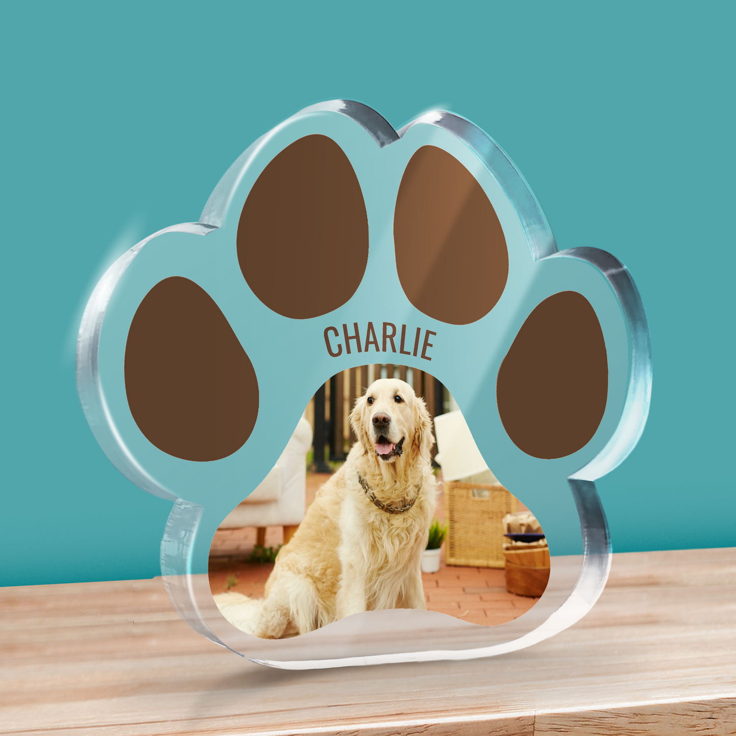 Personalised paw-shaped photo upload Block with a dog's picture inside, on a wooden surface with a teal background.