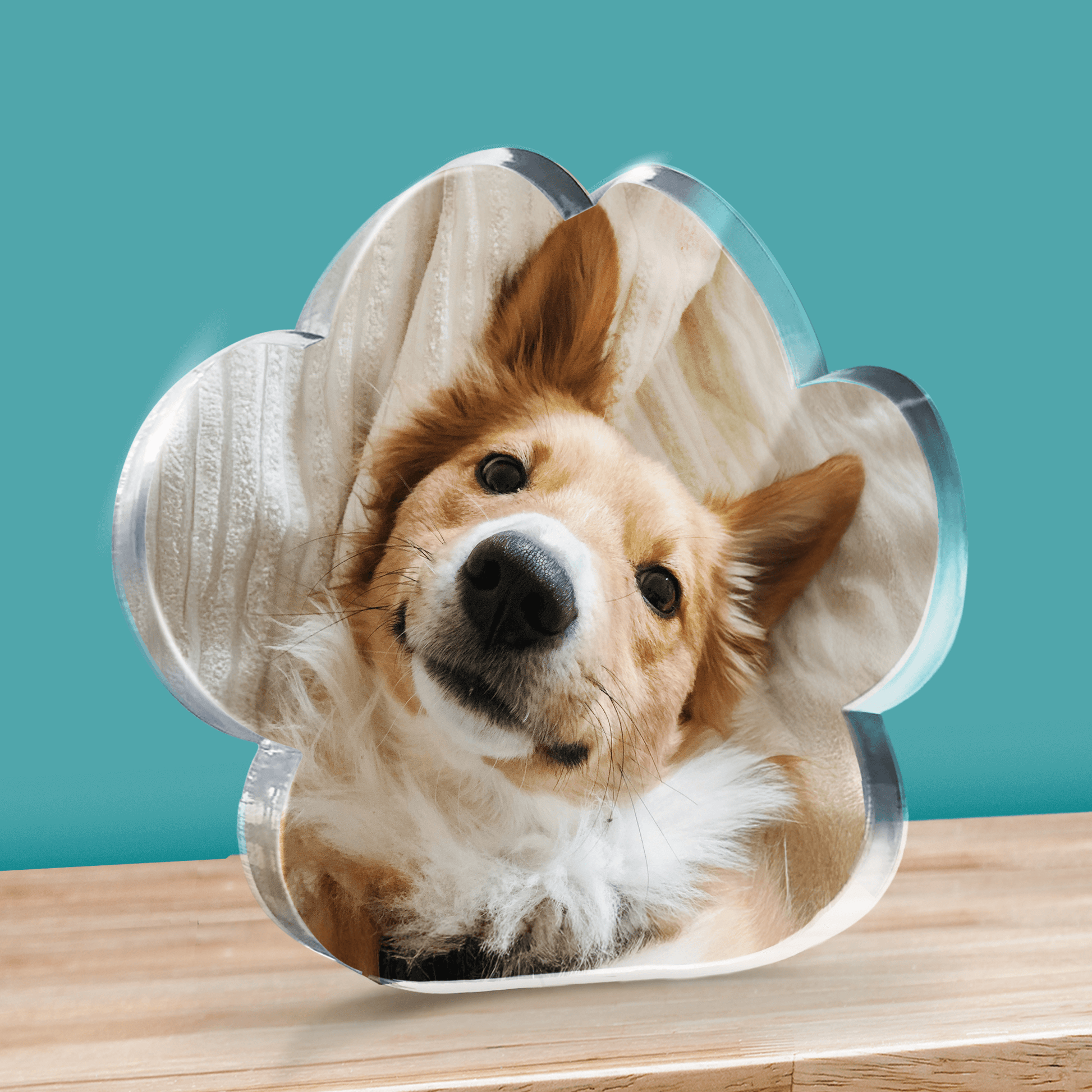 Dog's face in a decorative Paw Shaped Block on a wooden surface with a teal background
