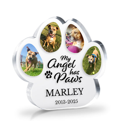 Clear acrylic paw-shaped photo block with with 4 dog photos and 'my angel has paws' on a white background.