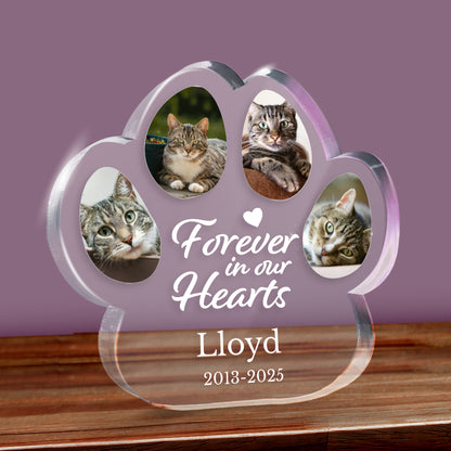 Clear acrylic paw-shaped photo block with with 4 cat photos and 'Forever in our Hearts Lloyd 2013-2025' on a wooden surface.