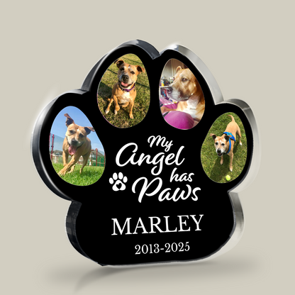 Black acrylic paw-shaped photo block with with 4 dog photos and 'my angel has paws' on a beige background.