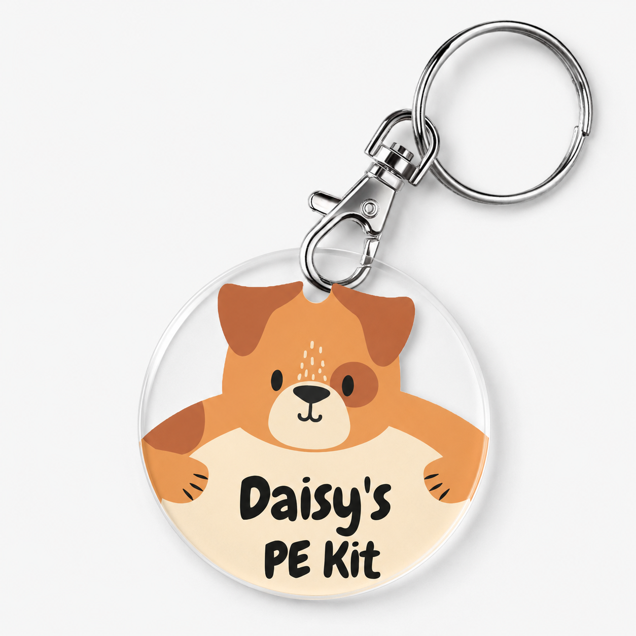 A custom acrylic keychain featuring a cartoon dog character with the text 'Daisy's PE Kit' printed below.