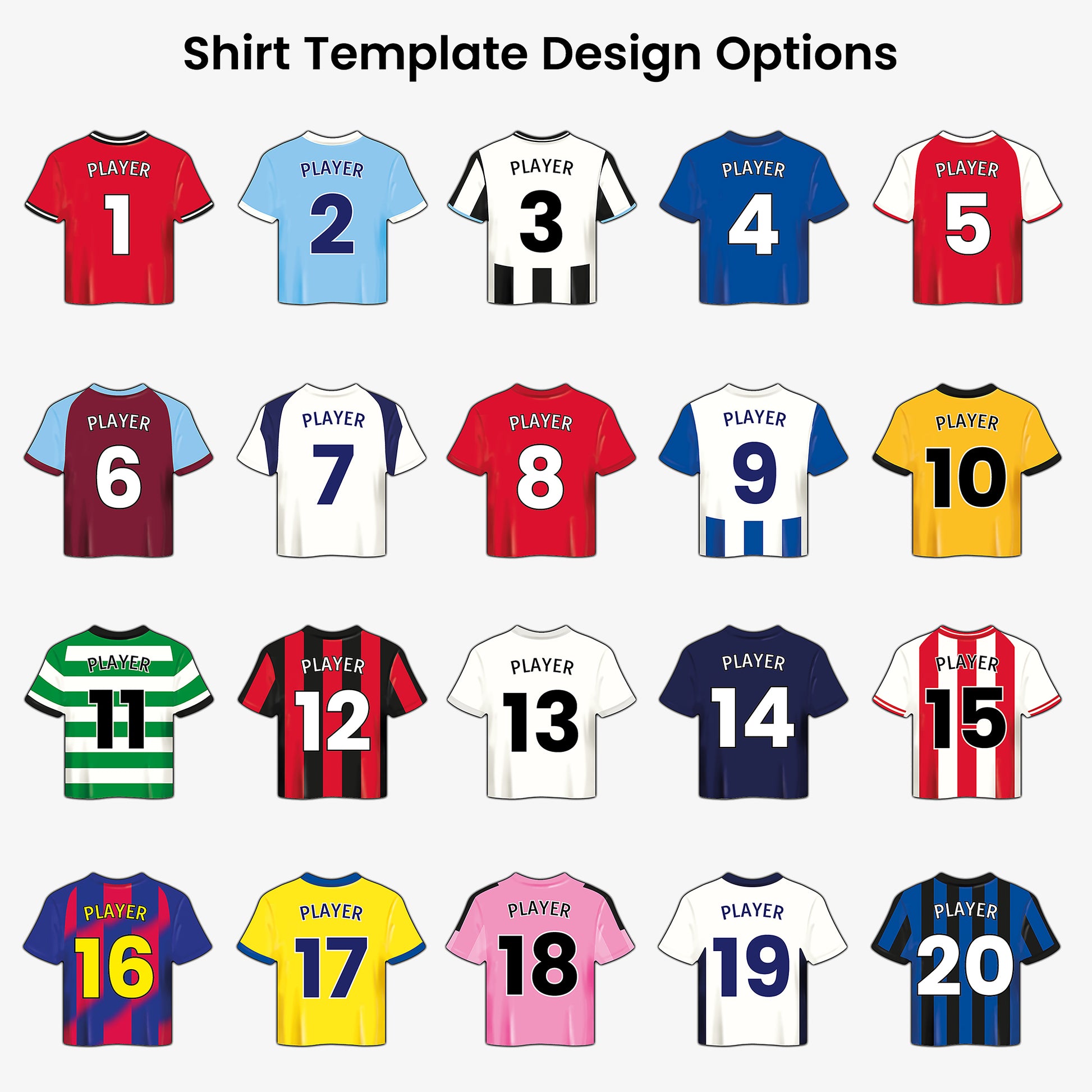 Shirt Template Design Options. Collection of example shirt templates with player numbers on a white background.