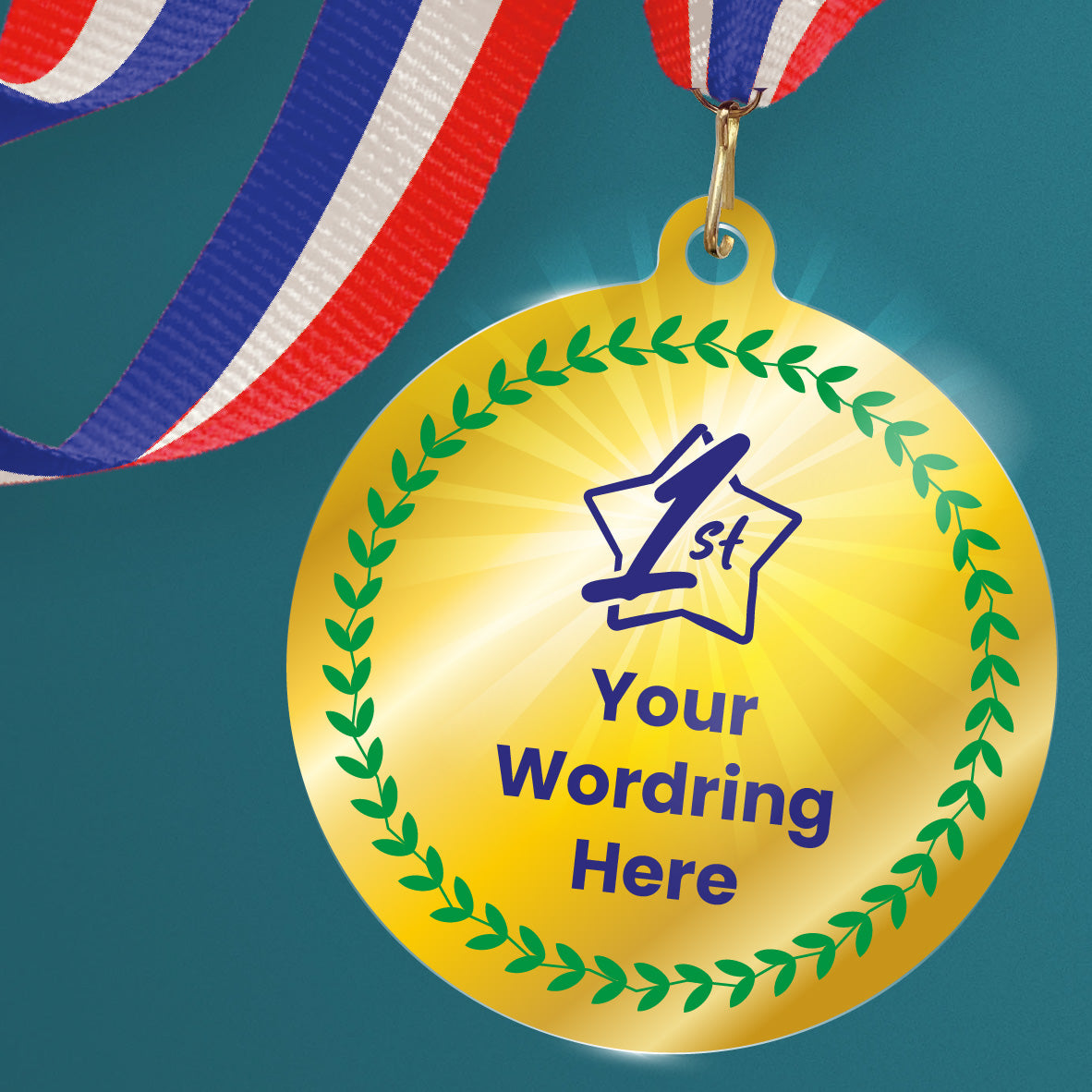 Acrylic personalised medal with stripy ribbon showing gold design with green wreath, 1st icon and personalised wording in blue.