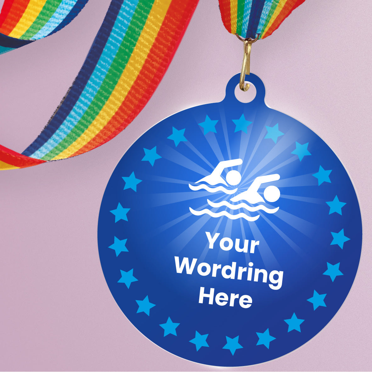 Acrylic personalised medal with rainbow ribbon showing blue design with blue stars, swimming icon and personalised wording.