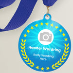 Acrylic personalised medal with blue ribbon showing blue design with yellow wreath, camera icon and personalised wording.