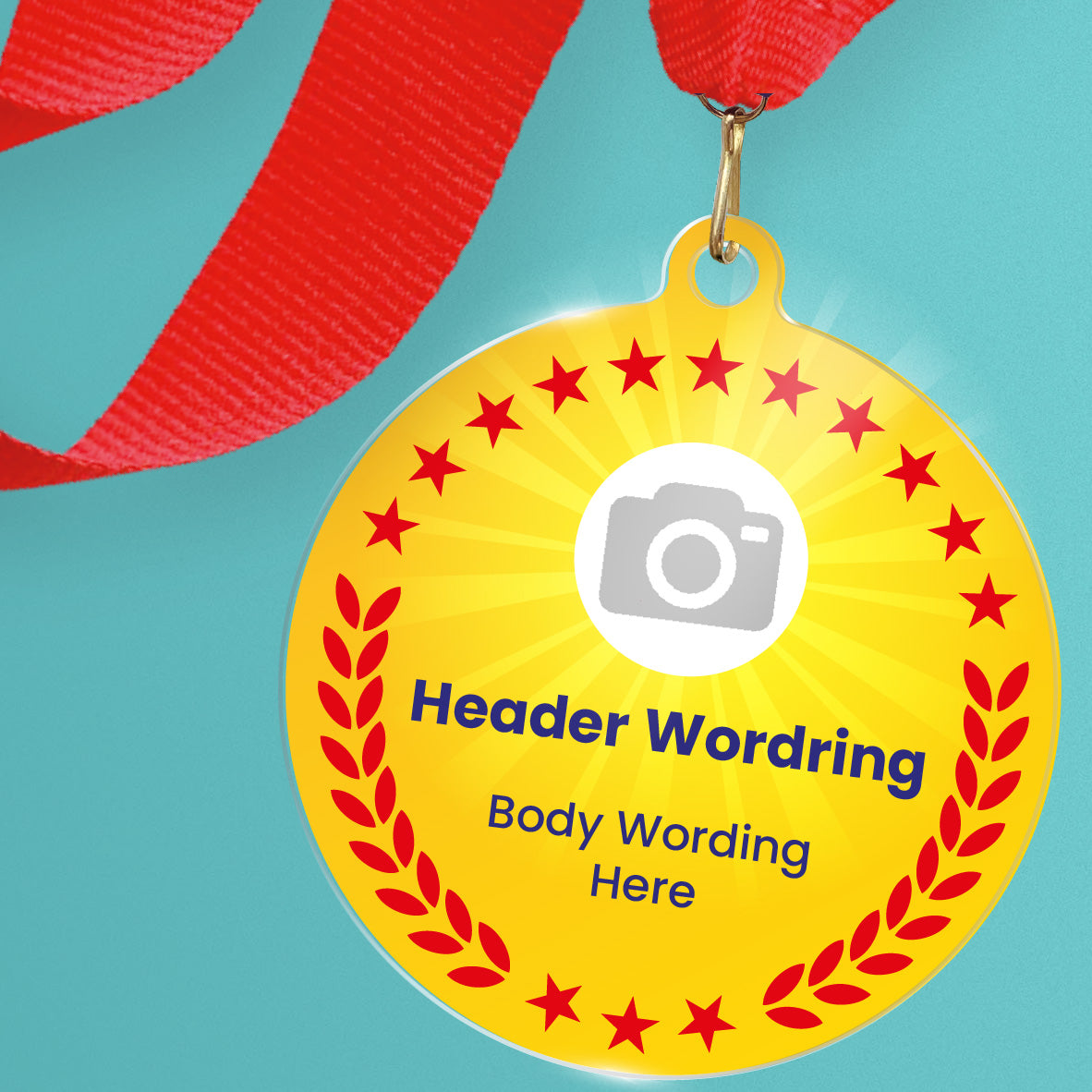 Acrylic personalised medal with red ribbon showing yellow design with red wreath, camera icon and personalised wording.
