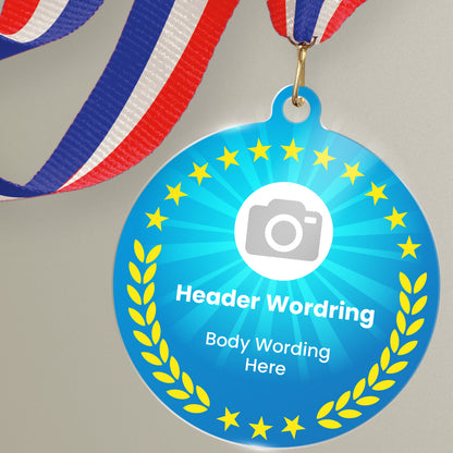 Acrylic personalised medal with stripy ribbon showing blue design with yellow wreath, camera icon and personalised wording.