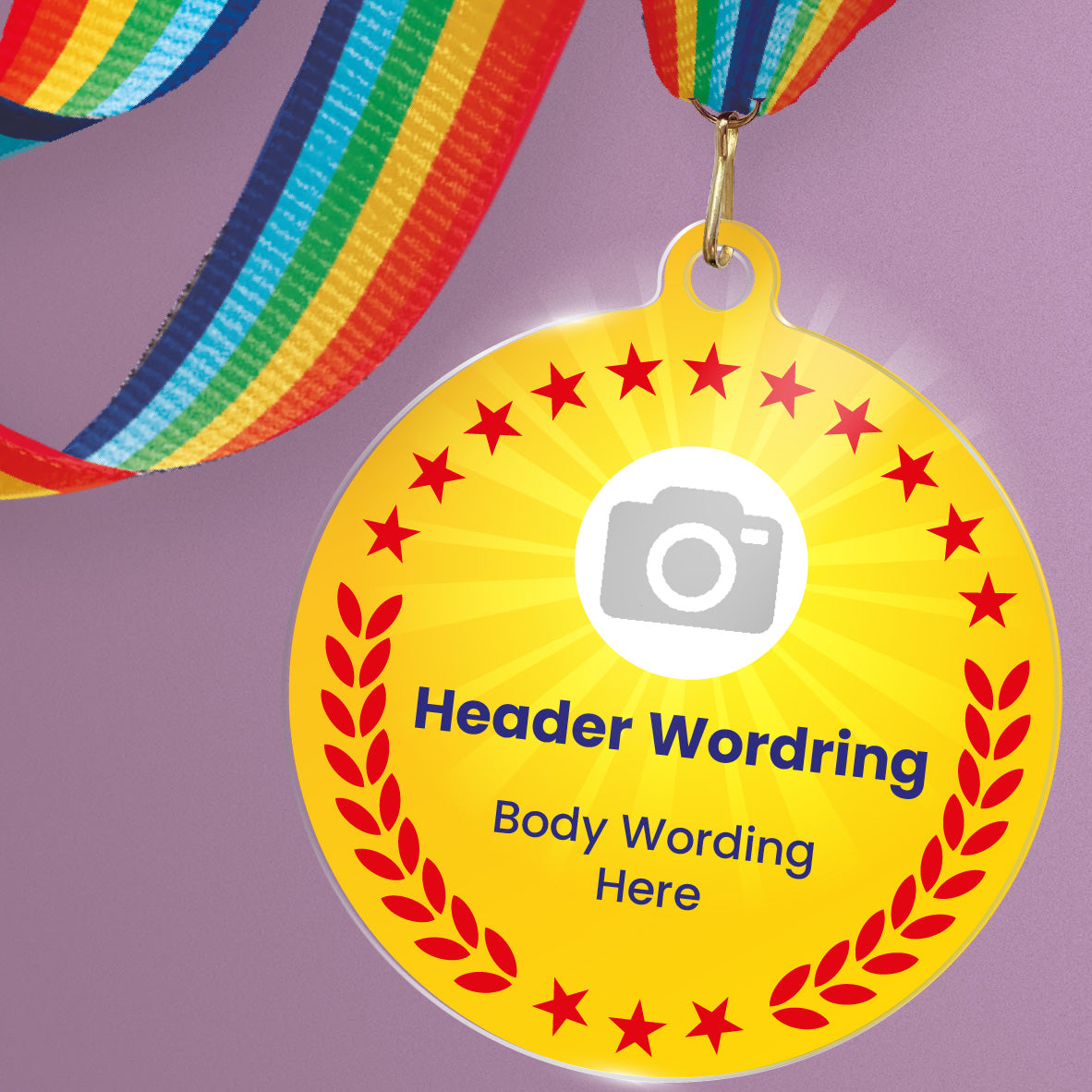Acrylic personalised medal with rainbow ribbon showing yellow design with red wreath, camera icon and personalised wording.