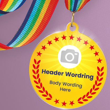 Acrylic personalised medal with rainbow ribbon showing yellow design with red wreath, camera icon and personalised wording.