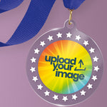 Acrylic personalised medal with blue ribbon showing rainbow spectrum design and white stars with 'upload your image' wording.