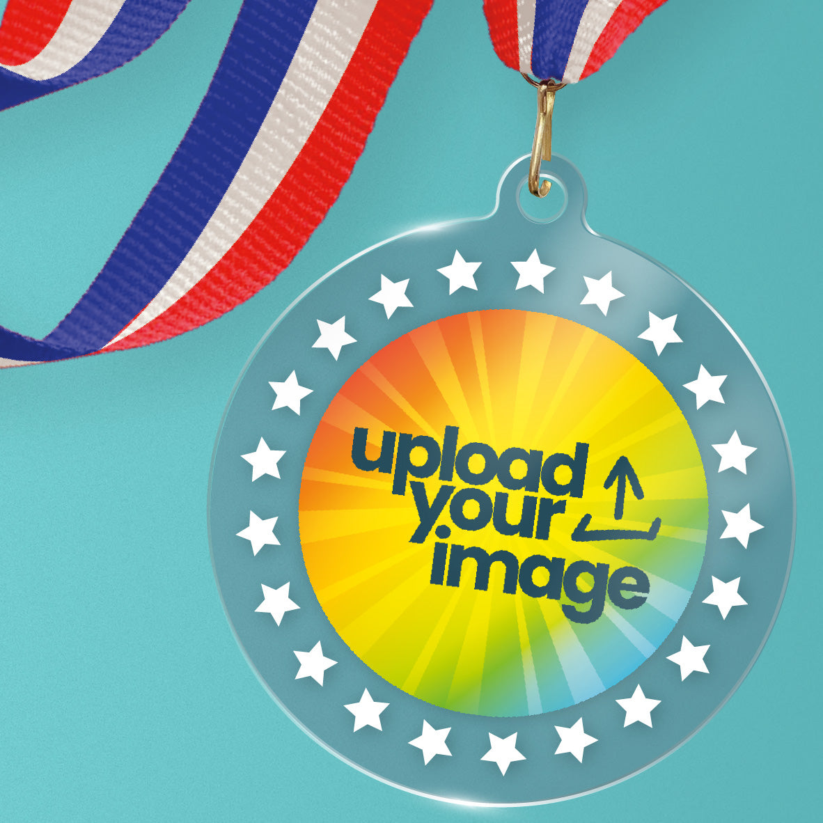 Acrylic personalised medal with stripy ribbon showing rainbow spectrum design and white stars with 'upload your image' wording.