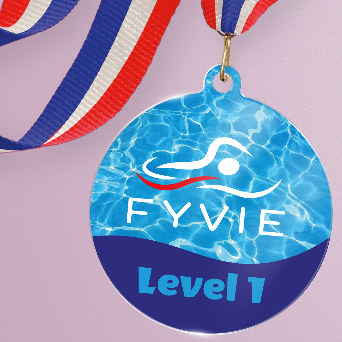 Acrylic personalised medal with stripy ribbon showing water design with 'Fyvie logo' and Level 1 wording.