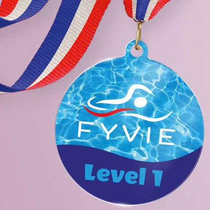 Acrylic personalised medal with stripy ribbon showing water design with 'Fyvie logo' and Level 1 wording.