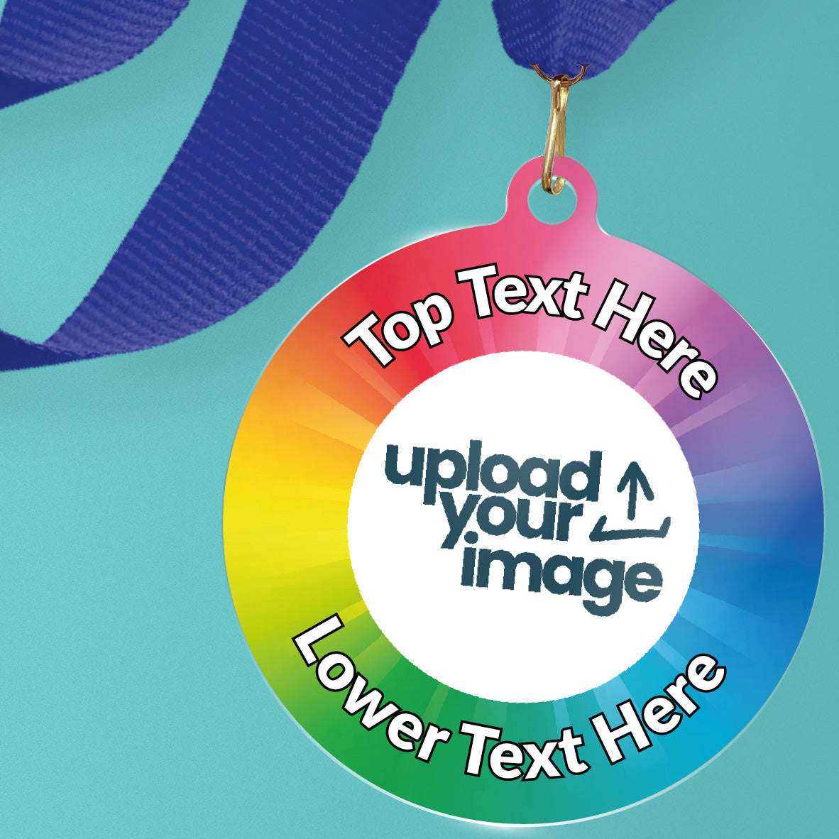 Acrylic personalised medal with blue ribbon showing rainbow spectrum design with 'upload your image' and 'top text here', 'lower text here' wording.