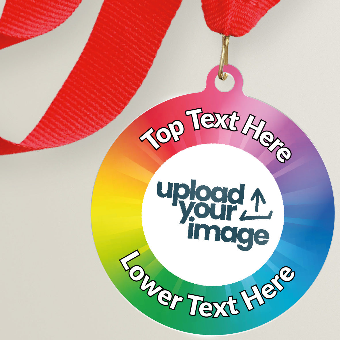 Acrylic personalised medal with red ribbon showing rainbow specrum design with 'upload your image' and 'top text here', 'lower text here' wording.