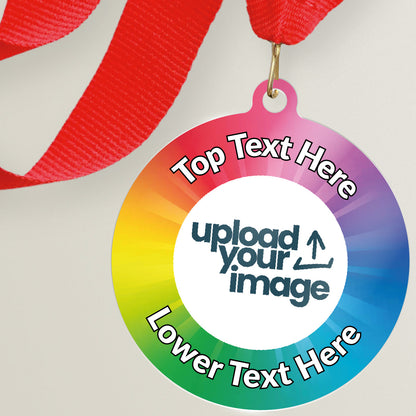 Acrylic personalised medal with red ribbon showing rainbow specrum design with 'upload your image' and 'top text here', 'lower text here' wording.