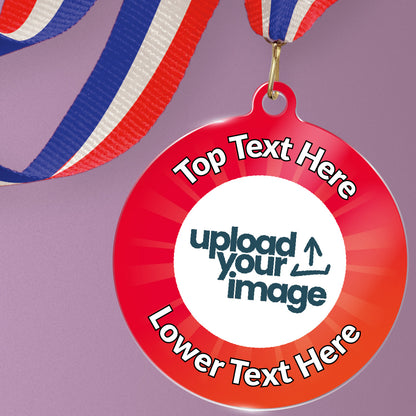 Acrylic personalised medal with stripy ribbon showing red design with 'upload your image' and 'top text here', 'lower text here' wording.