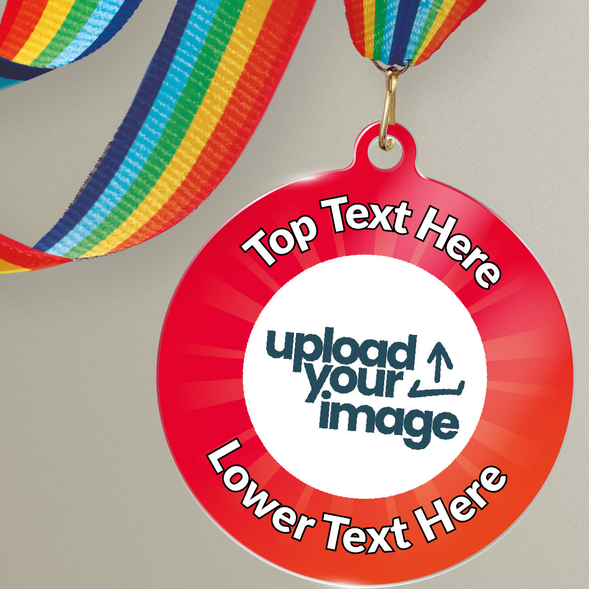 Acrylic personalised medal with rainbow ribbon showing red design with 'upload your image' and 'top text here', 'lower text here' wording.