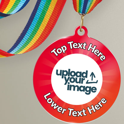 Acrylic personalised medal with rainbow ribbon showing red design with 'upload your image' and 'top text here', 'lower text here' wording.