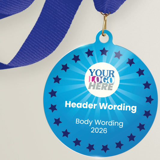 Acrylic personalised medal with blue ribbon showing blue design with navy wreath, your logo here and personalised wording.