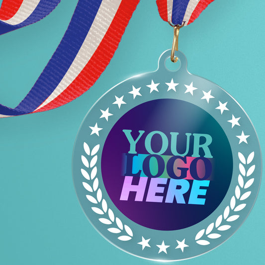 Acrylic personalised medal with stripy ribbon showing clear background with wreath design and Your Logo here' logo. 