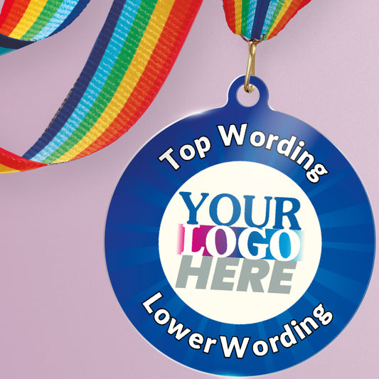 Acrylic personalised medal with rainbow ribbon showing blue design with 'your logo here' and 'top text here', 'lower text here' wording.