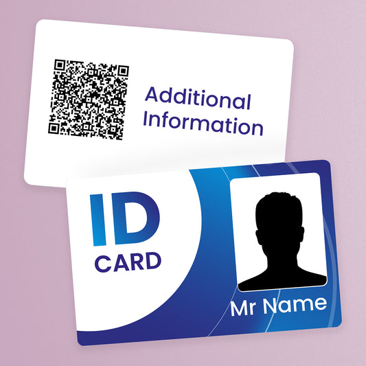 Customisable ID card measuring 86mm by 54mm, featuring a an icon that the full front of the card is an 'Upload your image'.  You also see the reverse of the card with Additional Information.