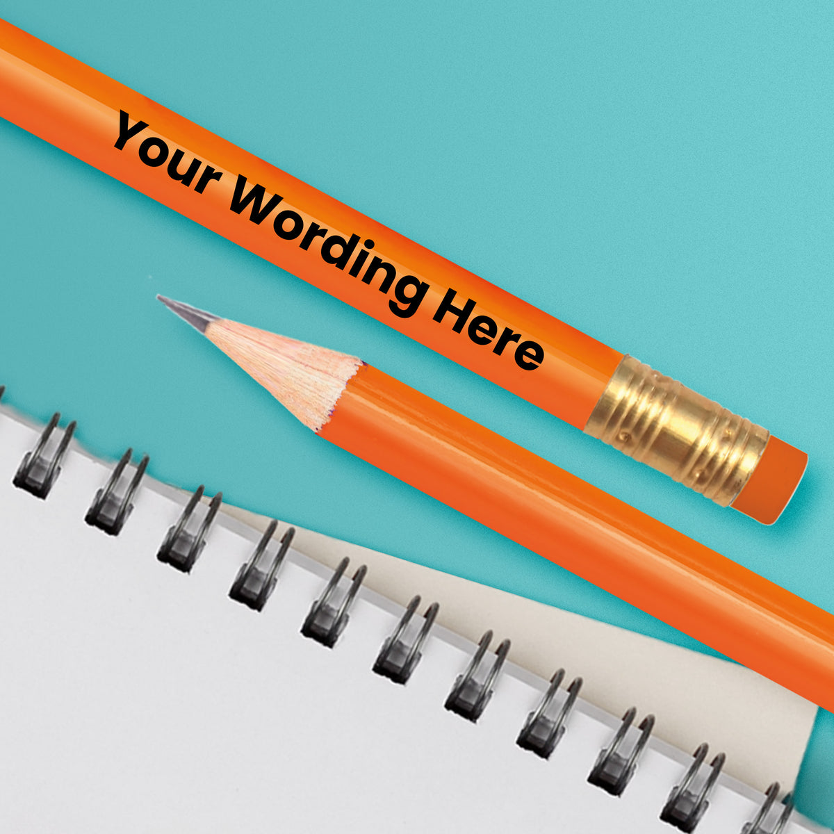 An orange HB pencil with personalised text 'Your Wording Here' printed on it with integrated eraser.